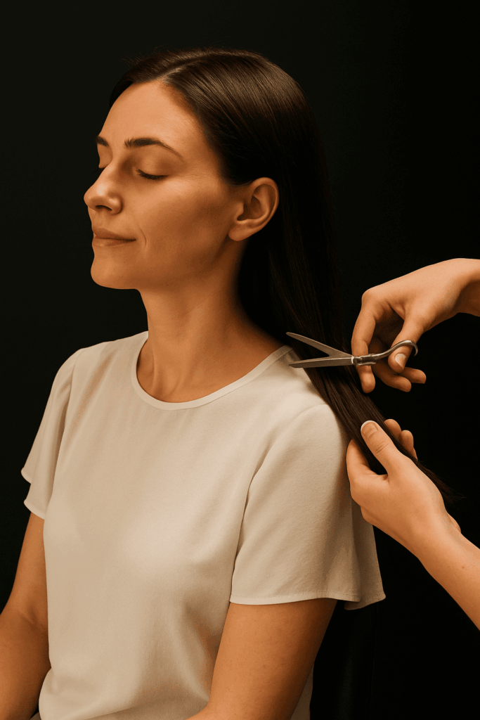 Woman getting her hair trimmed, eyes closed.